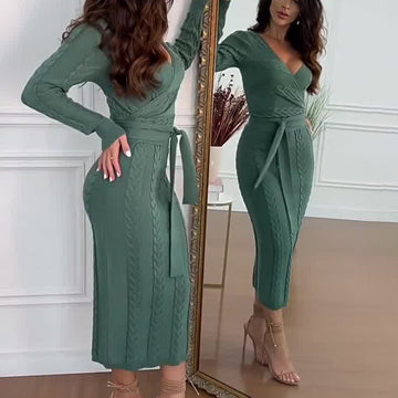 Women's Autumn V-Neck Long Sleeve Knitted High Waisted Tice With A Tinged Dress